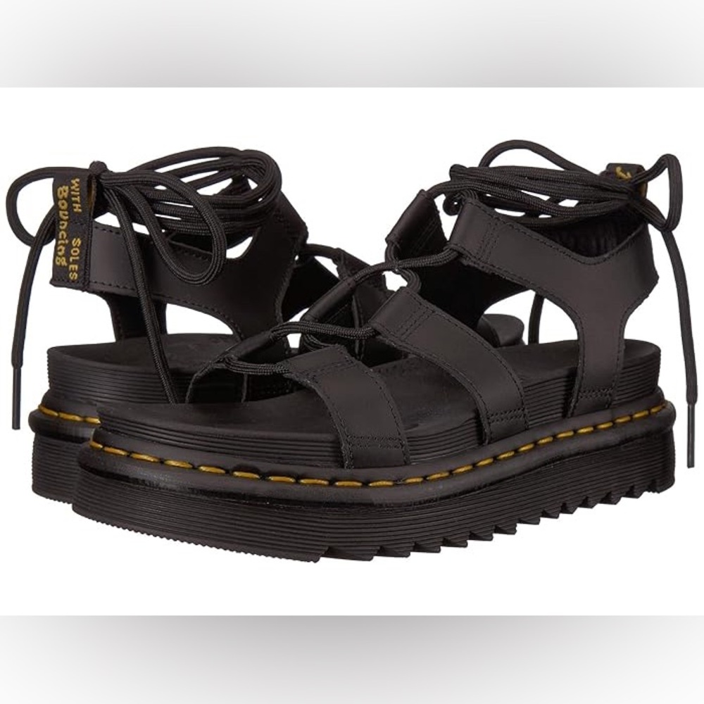 Dr. Martens Black Gladiator Lace-Up Platform Sandals with Yellow Stitch